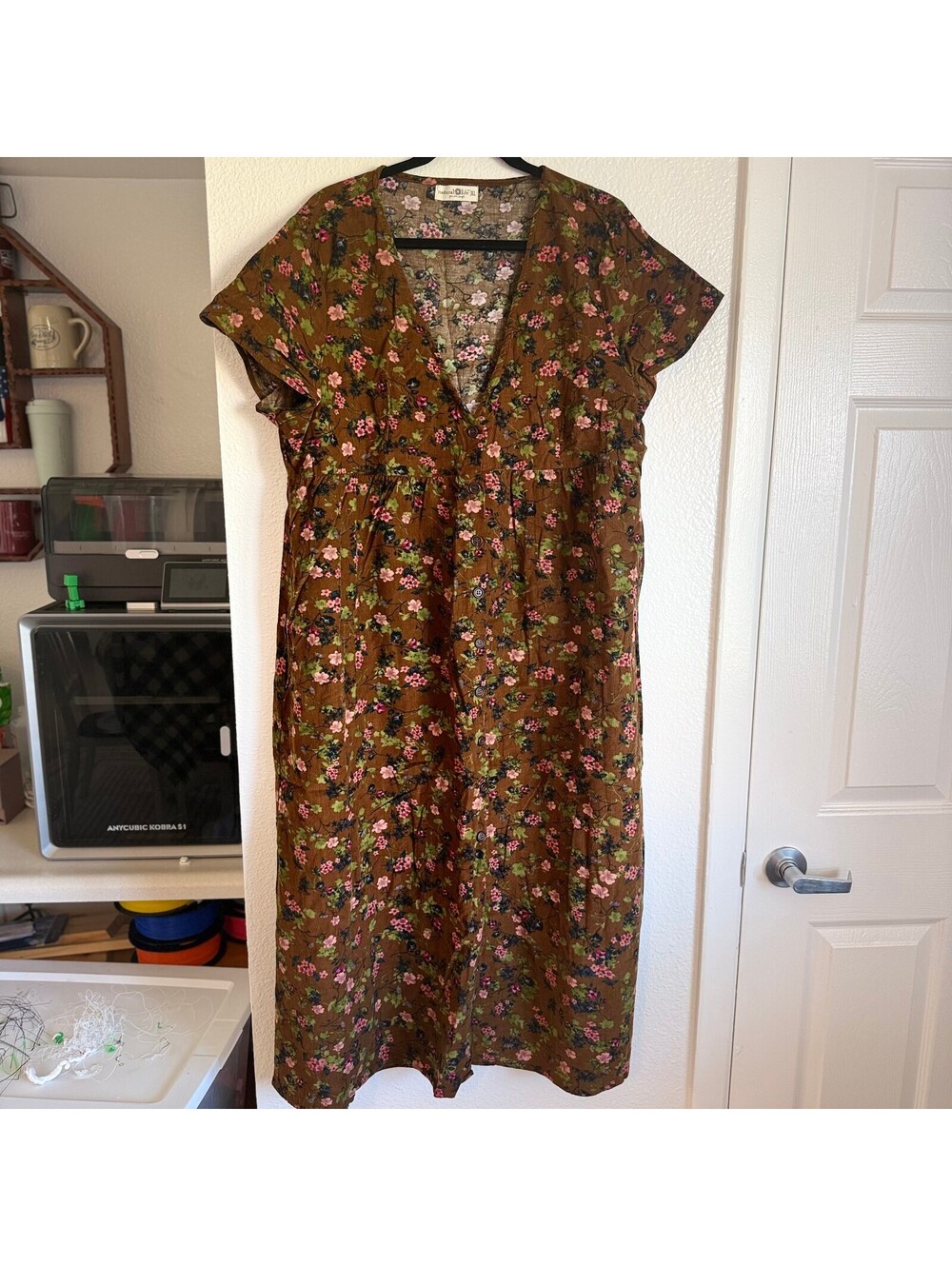 Natural Life Avery XL Brown Floral Corduroy Midi Dress Boho Cottagecore